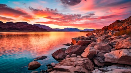 Twilight at Lake Mead National Recreation Area: Stunning Sunset Over Mountains and Rock Peaks Reflected on Calm Waters (16:9 ratio)