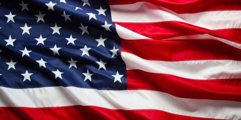 Obraz premium United States Flag Waving Proudly in the Wind with Blue Sky Background