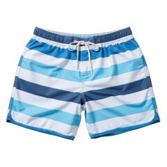 Colorful striped swim trunks, casual beachwear with blue and white patterns, perfect for summer outings, accessible for relaxation. Isolated on white background or PNG
