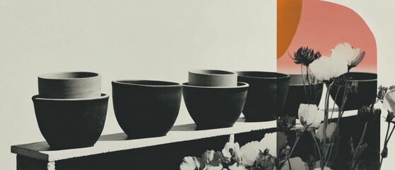 Minimalist collage featuring drying clay pots and geometric floral elements on a white background