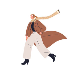 Confident woman walking in coat and scarf in wind. Stylish modern elegant female character in windy weather. Urban style fashion girl going. Flat vector illustration isolated on white background