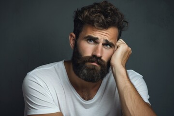 Obraz premium Unsatisfied with Messy Beard: Young Attractive Bearded Man Unsure of Barber's Work on a Background