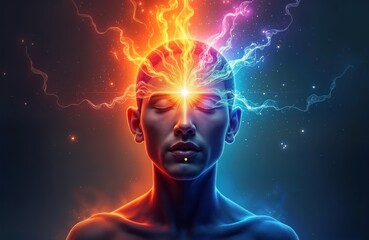Obraz premium Person meditates activating third eye and pineal gland. Colorful energy swirls around head. Spiritual concept. Universe energy flows through head. Abstract illustration.