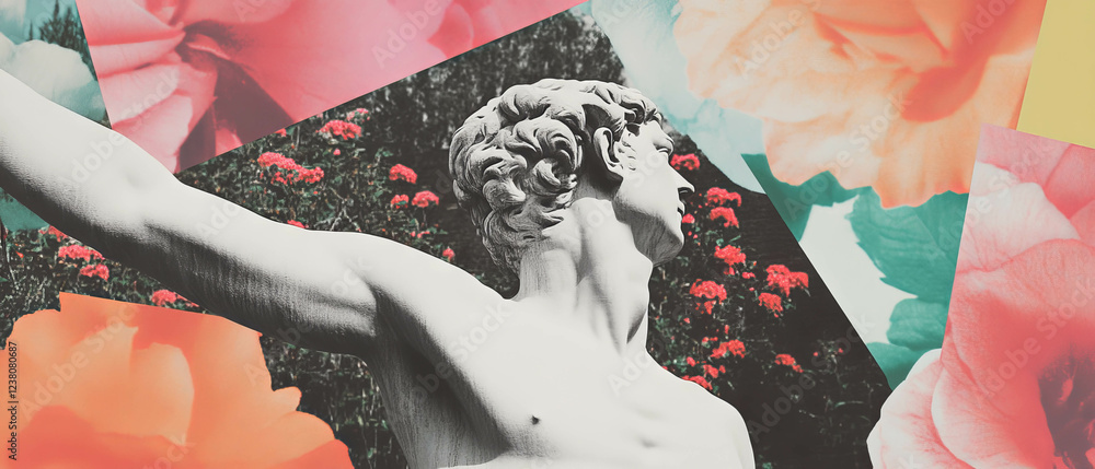 Poster minimalist collage featuring distorted statue limbs and floral elements in a modern design