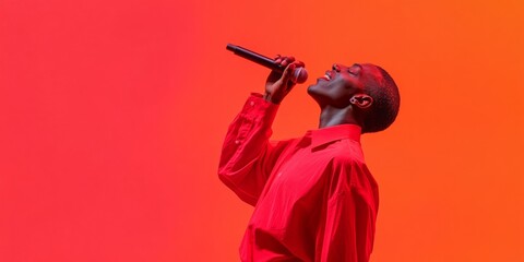 Vibrant Performance Imagery Young Male Soloist with Microphone on Gradient Red-Orange Backdrop - Artistic Expression and Dynamic Entertainment Content for Modern Marketing
