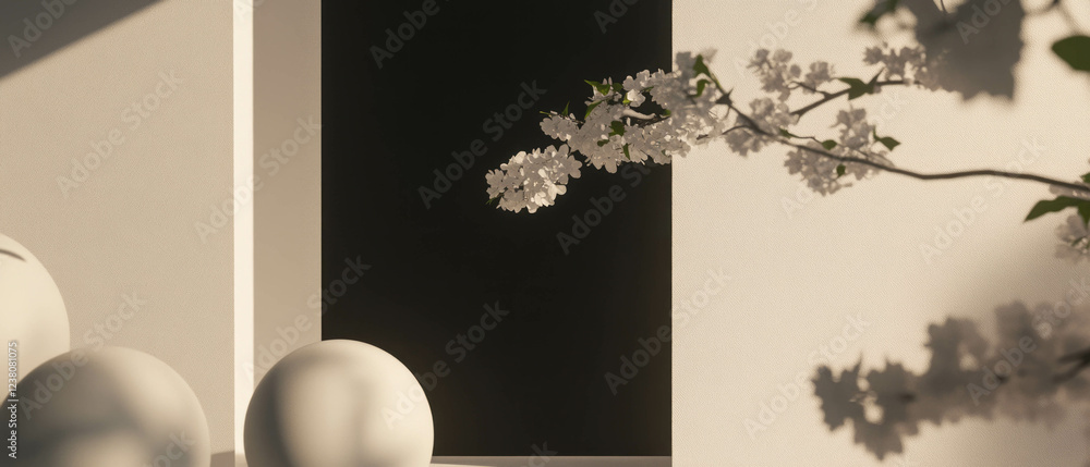 Poster exploring minimalist design with geometric shapes and floral elements in a modern composition