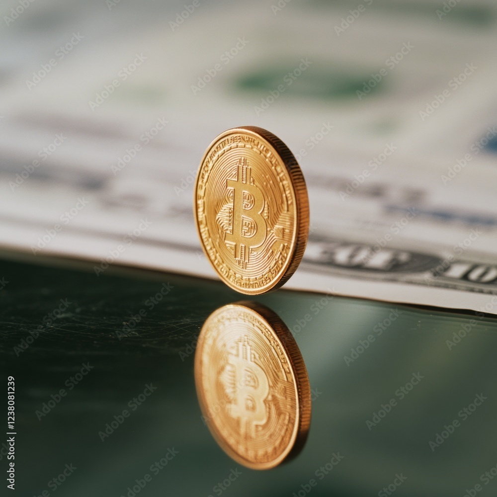 Poster reflective financial focus bitcoin on glass with currency and documents trendy wealth management vis