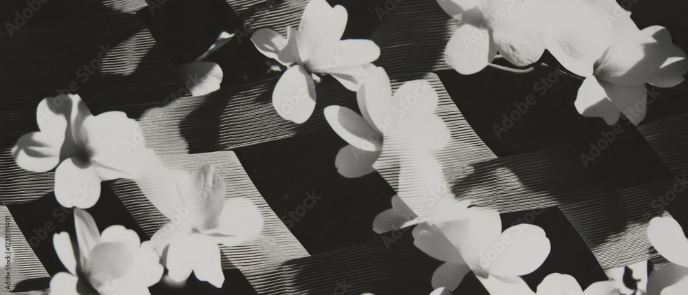 Poster collage of minimalistic geometric shapes combined with floral elements and wicker textures