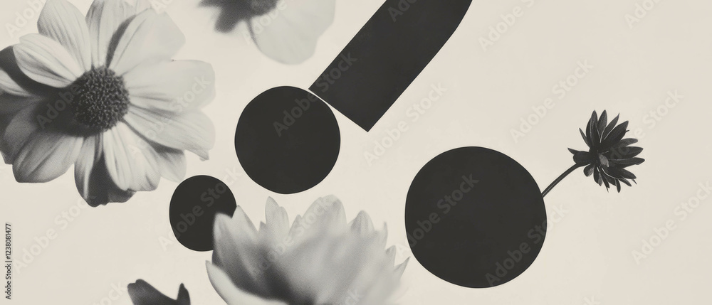 Poster minimalist collage featuring geometric shapes and florals with unique erasers set from above