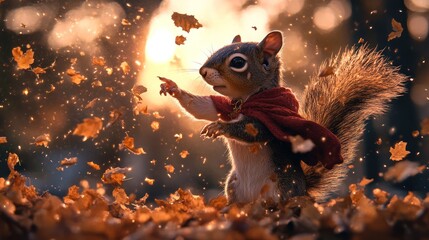 Crimson-Caped Squirrel: Leading the Charge of Autumn's Army of Birds with a Comedic Touch
