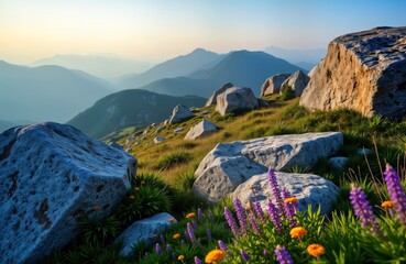Evening hiking view on Cherni Vrah peak in Vitosha mountain. Picturesque landscape shows mountain range with rocky hills. Grassy field with flowers, rocks. Scenic view. Sunrise colors. Nature beauty.