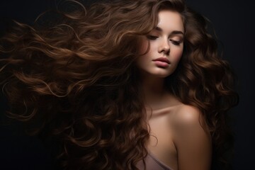 Naklejka premium Voluminous Curly Hair Portrait of Young Brunette Woman Blowing Air Kiss in Studio
