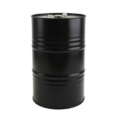 Industrial black barrel, durable metal container with a smooth finish, ideal for storage or transportation of materials. Isolated on white background or PNG