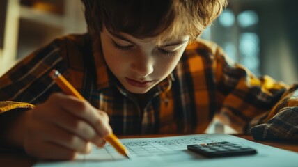 School student focuses on studies with pencil in hand. Make notes and calculations fill paper on desk. Math tasks. Learning and concentration. Pupil boy doing homework close up. Home work closeup.