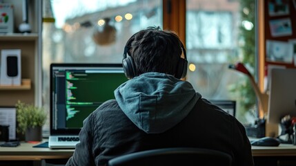 Programmer man coding on laptop computer. Lines of code on screen, programming project. Office background, workspace. Modern tech vibe, creativity and productivity in digital tasks. Rear back view.