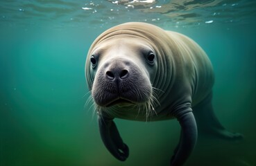 Close-up view of manatee underwater. Gentle sea creature swims in Florida green waters. Manatee is curious and looks directly at camera. Florida wildlife photo shows a calm aquatic environment.