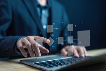 businessman using computer show organigram or diagram algorithm flow to design workflow automation...