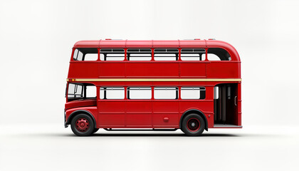 Classic double-decker red bus isolated on white background. Iconic British public transport vehicle. Stylish vintage design. Suitable for travel, tourism themes. Ideal for illustrations icons. Iconic