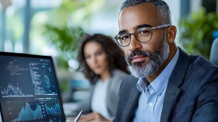 Diverse team of business professionals including executives and managers gathered in a corporate boardroom reviewing financial reports investment charts