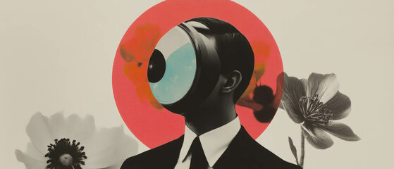 Modern minimalist collage featuring a director's viewfinder with floral elements