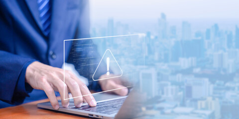 caution danger if a computer is attacked, the cyber error symbol warning sign of system failure in the laptop. concept risk of website technology digital online, notification spam, leak of software da