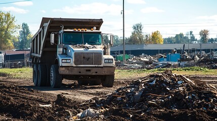 Dump Truck at Demolition Site: Heavy Duty Vehicle Hauling Debris