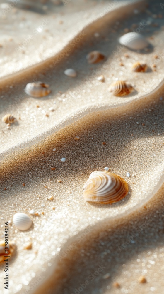 Poster Gentle waves ripple across a sandy podium, accentuated by an array of seashells scattered throughout. The soft texture invites exploration and reflection in a tranquil coastal setting