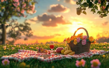 romantic picnic setup with a blanket, basket of fruit, wine, and flowers, placed on a green meadow with a sunset background. Valentines Day and 8 March theme