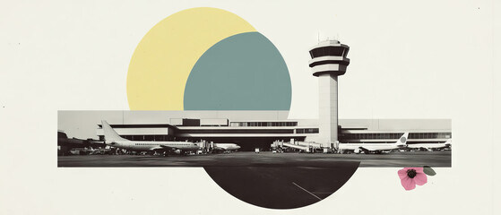 Minimalist collage combining geometric shapes and an airport terminal in serene design