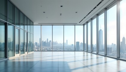 Fototapeta premium Empty modern business interior with panoramic city view through large windows. Contemporary design. Spacious room with bright light. Potential for office, home, commercial use. Commercial space.
