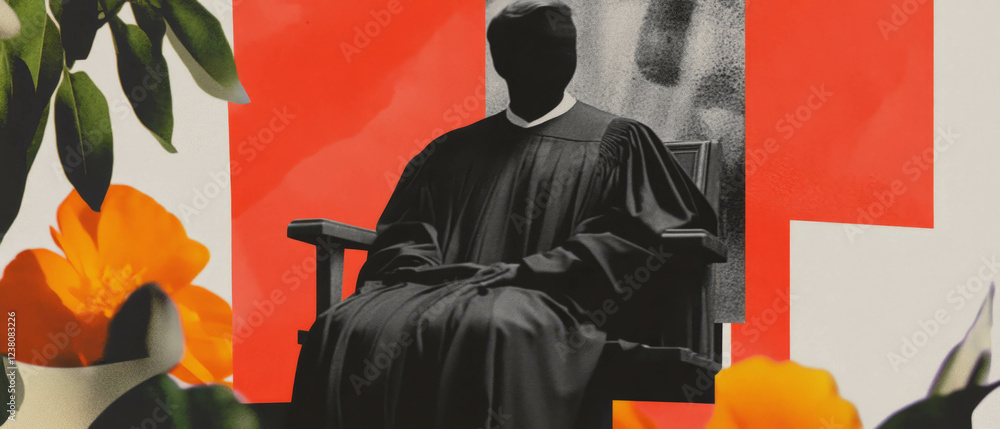 Poster minimalist collage featuring a judge at a bench with floral elements on a white background