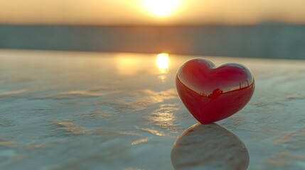 Fototapeta premium Elegant red heart resting on a calm polished surface with a beautiful sunset reflection conveying a sense of romance tranquility and emotional connection