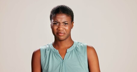 Black woman, portrait and expression in studio for gross, disapproval and reaction to smell. Girl,...
