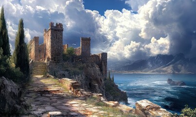 Fototapeta premium European Coastal Scene with Ancient Ruins and Dramatic Skies. European Coastal Scene with Ancient Ruins and Dramatic Skies.