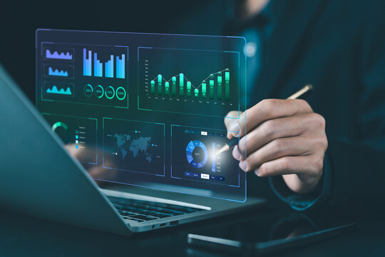 analyst manages the system database, analysis data plans, and reports. shows a dashboard chart on the computer. concept of analytics business, research on platform digital technology	
