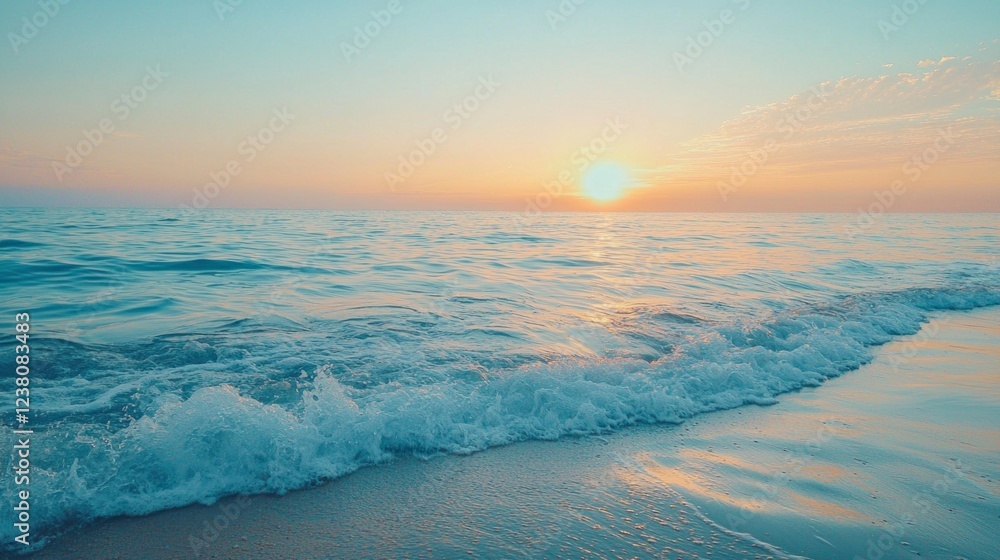 Poster a mesmerizing gradient of pastel hues fills the sky as the sun sets over the calming ocean. gentle w