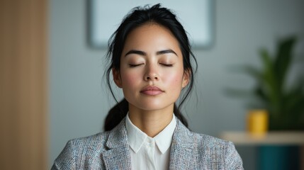 A serene woman meditating in a professional setting, promoting mindfulness and focus.