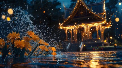 Enchanting traditional Thai pavilion aglow in the evening with vibrant lights splashing waters and colorful blooming flowers reflected on the serene pond surface