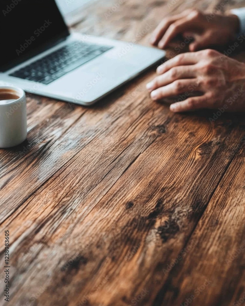 Aufkleber rustic wooden desk with modern laptop and coffee cup - engaged teamwork vibes for professional works
