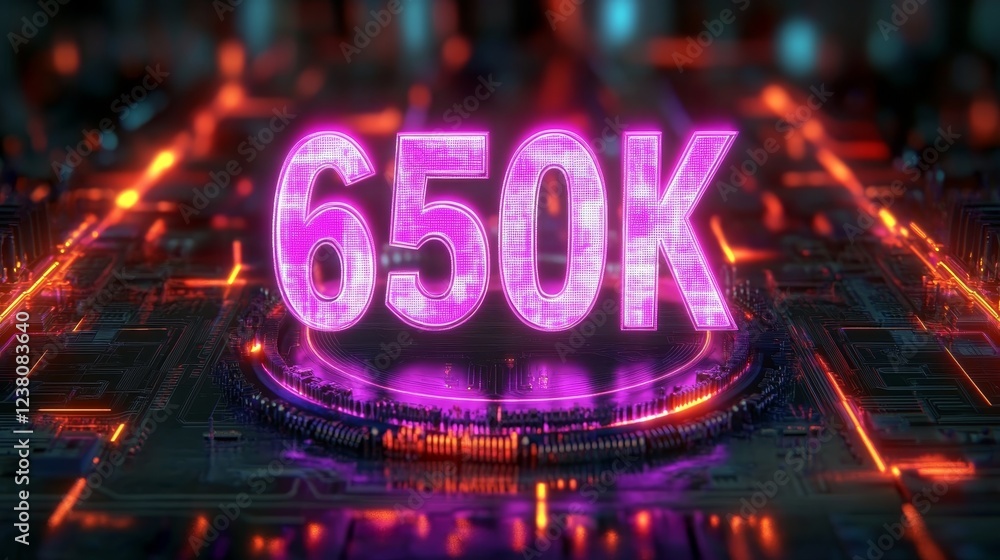 Poster glowing digital number 650k in cyberpunk, futuristic style on an abstract technology background.