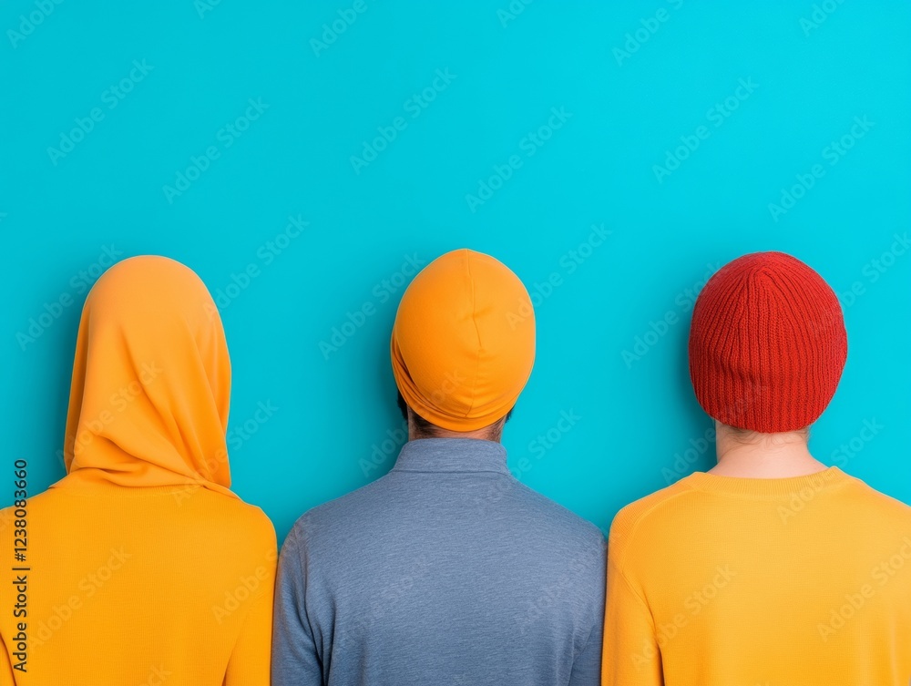 Aufkleber Vibrant Collaborative Space Diverse Professionals in Colorful Beanies and Textured Fabrics - Dynamic Business Content for Modern Teamwork and Innovative Workspace Solutions