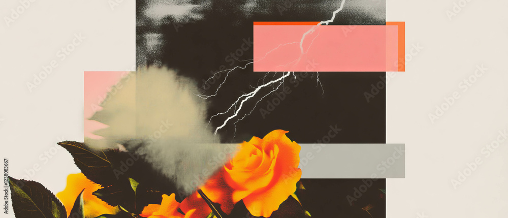 Poster minimalist collage combining geometric shapes and flowers with a lightning bolt design