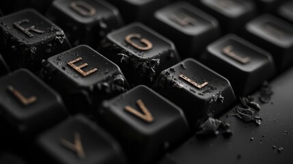 Upcycling environmental concept recycling technology. A close-up of a worn keyboard with some keys showing damage and residue, highlighting its age and wear.