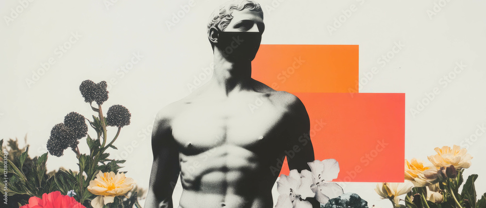 Poster minimalist collage featuring geometric shapes and a statue in a floral setting