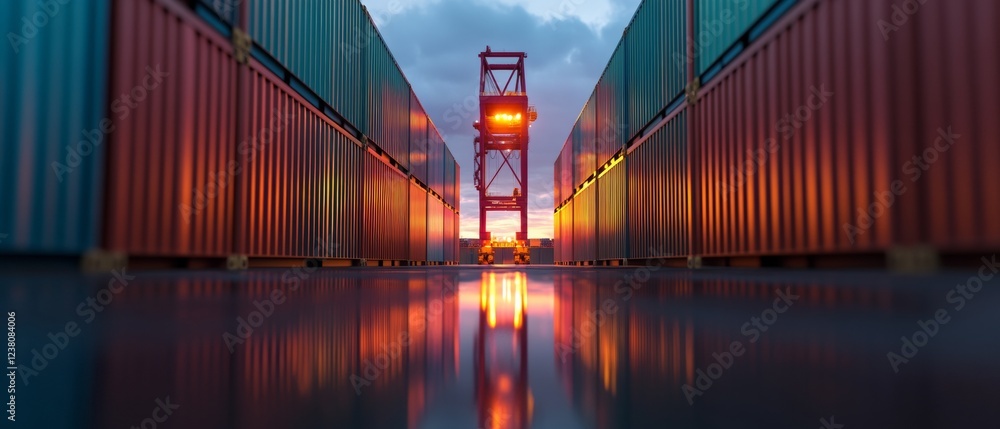 Poster twilight container yard vibrant stacked shipping containers and crane reflections - urban logistics 