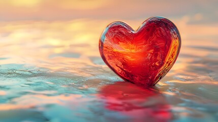Glossy red heart centered on a soft pastel background evoking a sense of love romance and warmth  The reflective surface of the heart creates a peaceful serene and elegant composition