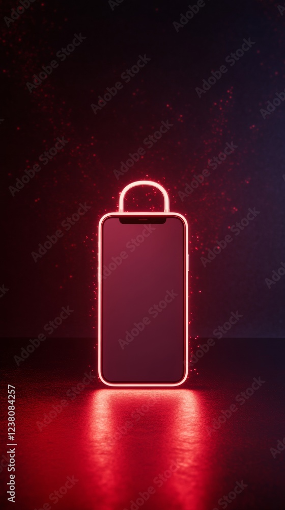 Aufkleber Neon-Enhanced Smartphone Display on Reflective Surface Digital Innovation in Red Glow - Tech Content for Dynamic Marketing and Interactive Design