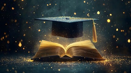 Glowing book levitating above a graduate cap surrounded by a shower of golden sparks symbolizing the transformative power of education knowledge and academic achievement
