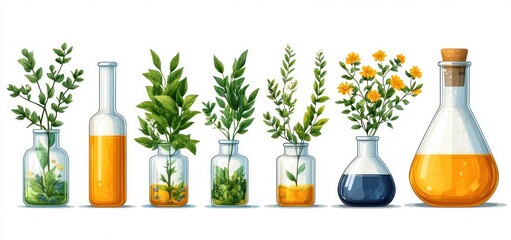 Herbal Essences and Extracts in Glass Bottles and Flasks
