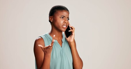 Black woman, phone call or confused with frustrated, stress and talking on white background. Girl,...